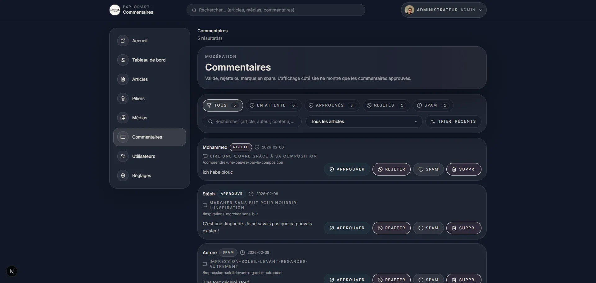 Admin commentaires avec modération simple
